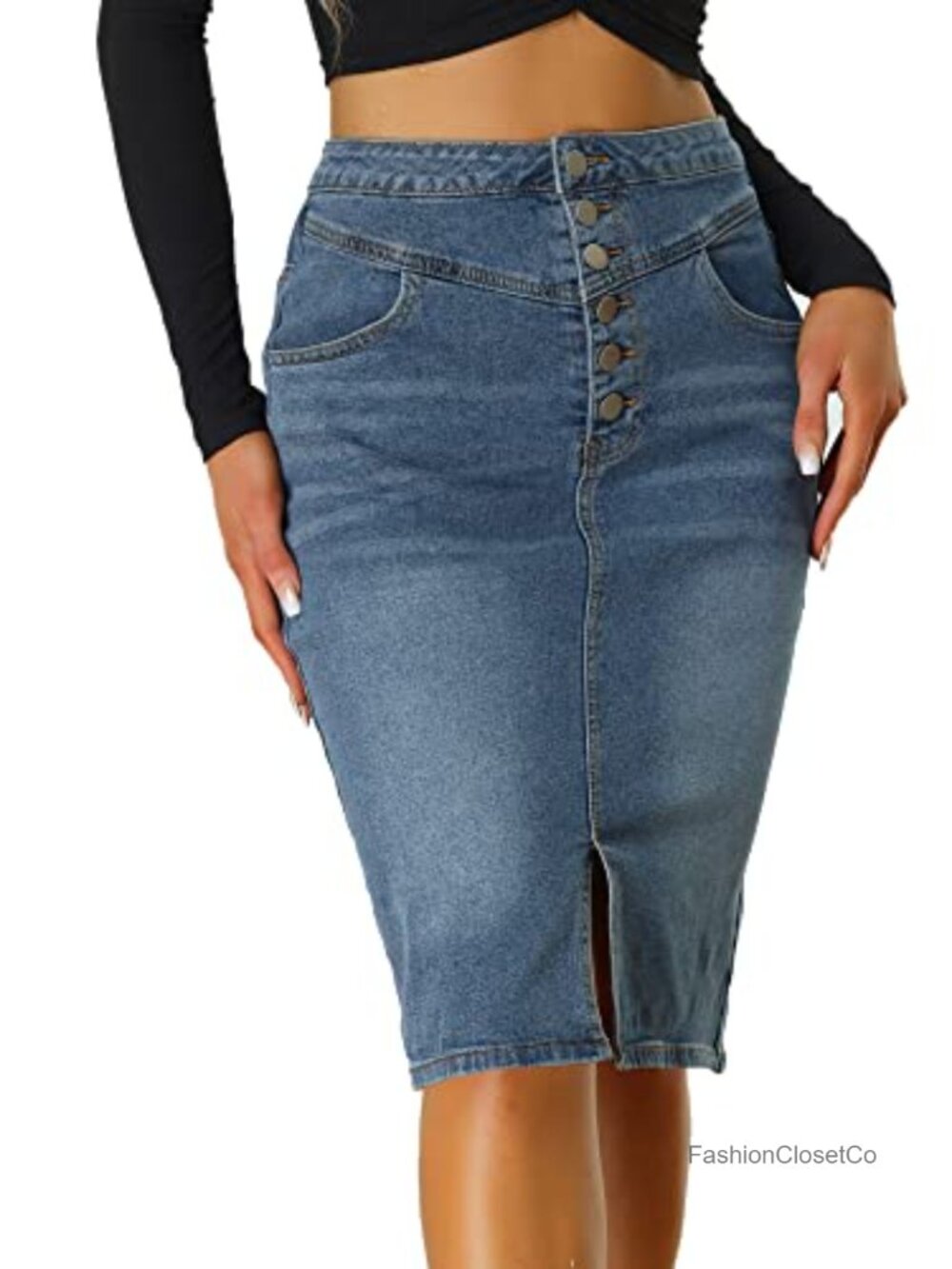 Womens High Waisted Split Hem Denim Pencil Midi Skirt Button Front A-Line